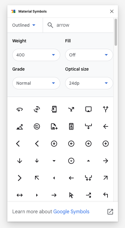 Material Symbolsのポップアップ画面